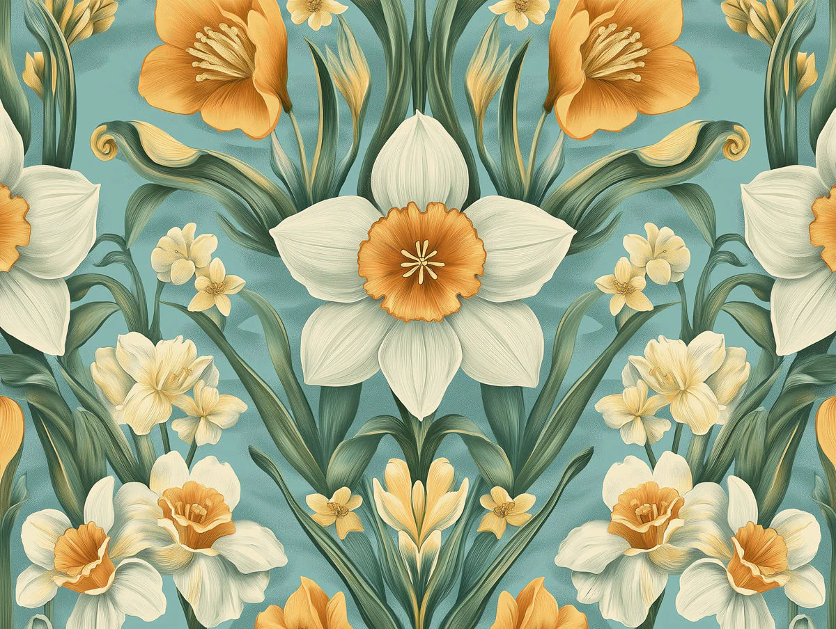Vintage Daffodil Tapestry Mural Wallpaper —Teal and Ochre Mural Wallpaper - room preview 02
