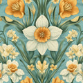 Vintage Daffodil Tapestry Mural Wallpaper —Teal and Ochre Mural Wallpaper - room preview 02