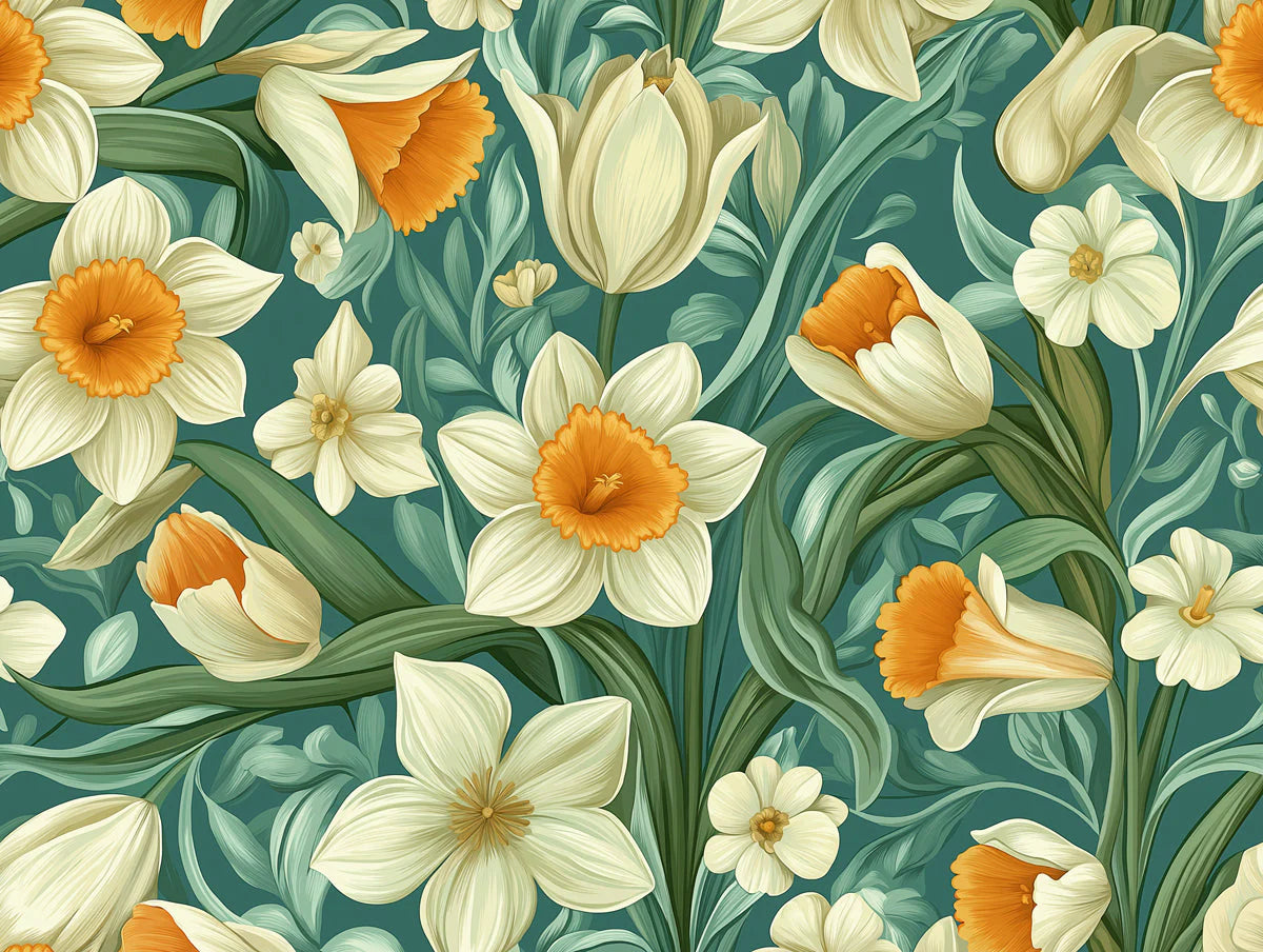 Daffodil and Tulip Floral Mural Wallpaper —Mid-Century Botanical Mural Wallpaper - room preview 02