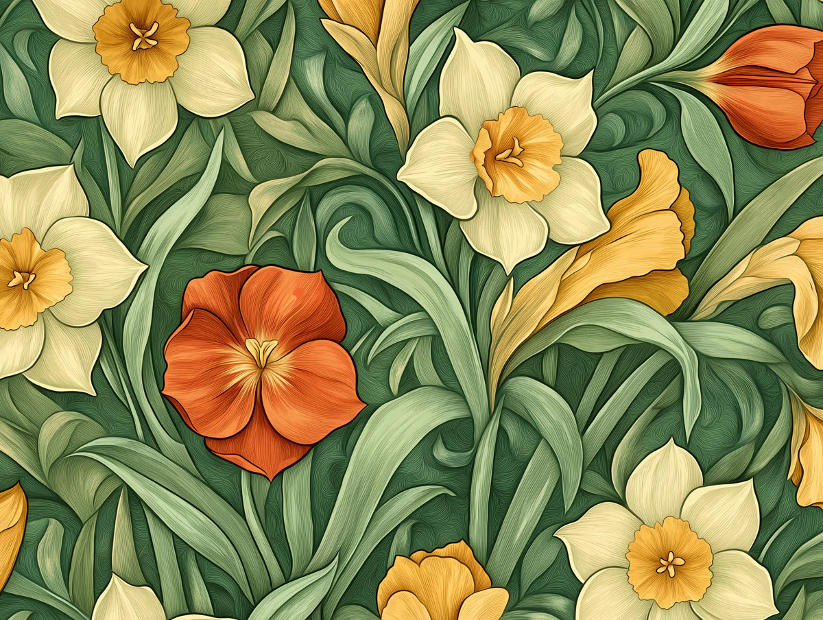 Daffodil Garden Mural Wallpaper — Arts and Crafts Botanical Design Mural Wallpaper - room preview 02