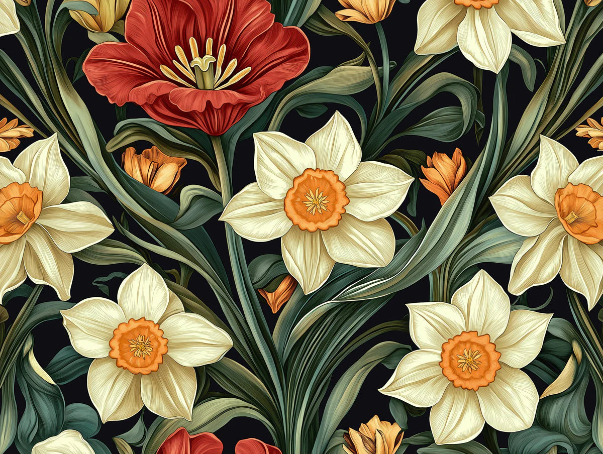 Daffodil and Tulip Botanical Mural Wallpaper — Midnight Floral Mural Wallpaper - room preview 02