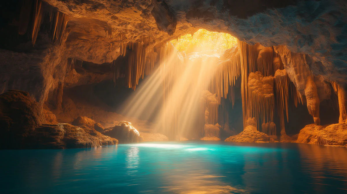 Grotto Sunbeam Mural Wallpaper — Earthy Gold and Blue Mural Wallpaper - room preview 02