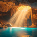 Grotto Sunbeam Mural Wallpaper — Earthy Gold and Blue Mural Wallpaper - room preview 02