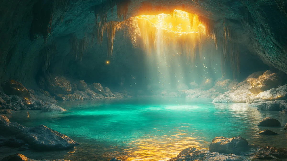 Grotto Light Mural Wallpaper — Coastal Cave and Sunbeam Design Mural Wallpaper - room preview 02