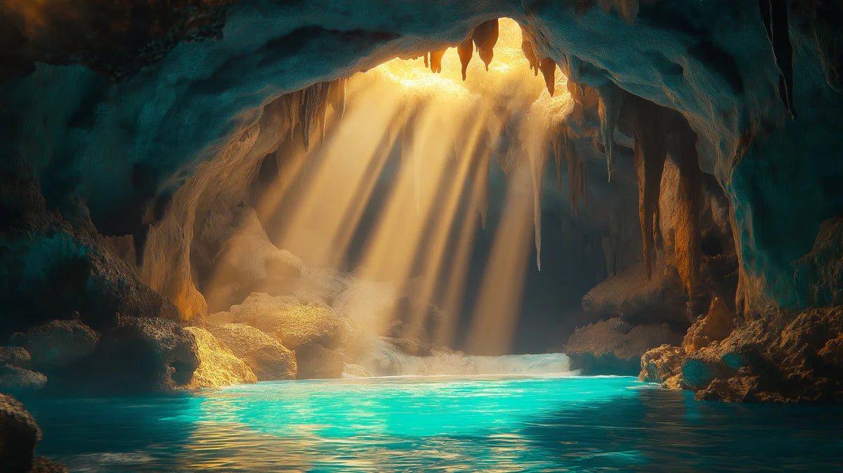 Grotto Light Cave Mural Wallpaper — Earthy Brown and Azure Blue Mural Wallpaper - room preview 02