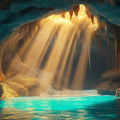 Grotto Light Cave Mural Wallpaper — Earthy Brown and Azure Blue Mural Wallpaper - room preview 02