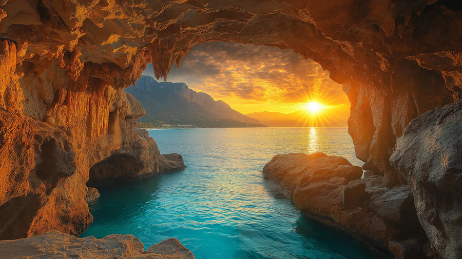 Küsten-Meereshöhlen-Sonnenaufgang-Fototapete — Fototapete mit warmer Horizontansicht printable artwork