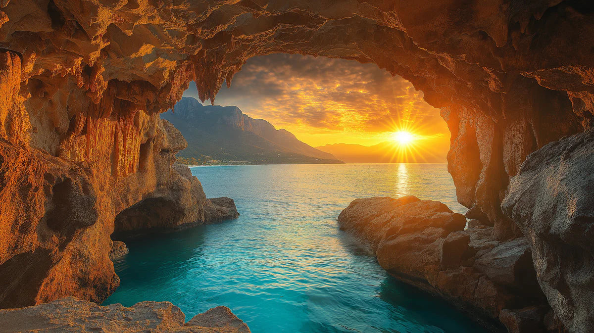 Coastal Sea Cave Sunrise Mural Wallpaper — Warm Horizon View Mural Wallpaper - room preview 02