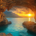 Coastal Sea Cave Sunrise Mural Wallpaper — Warm Horizon View Mural Wallpaper - room preview 02