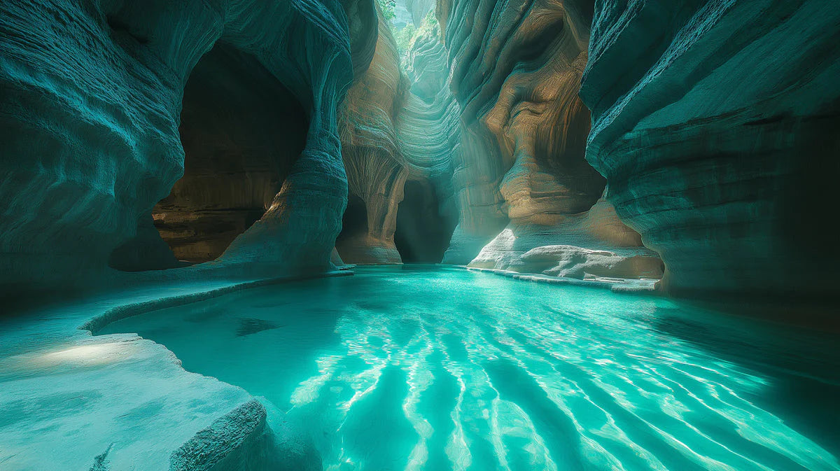 Canyon River Waterfall Mural Wallpaper —Cool Teal and Earthy Stone Mural Wallpaper - room preview 02