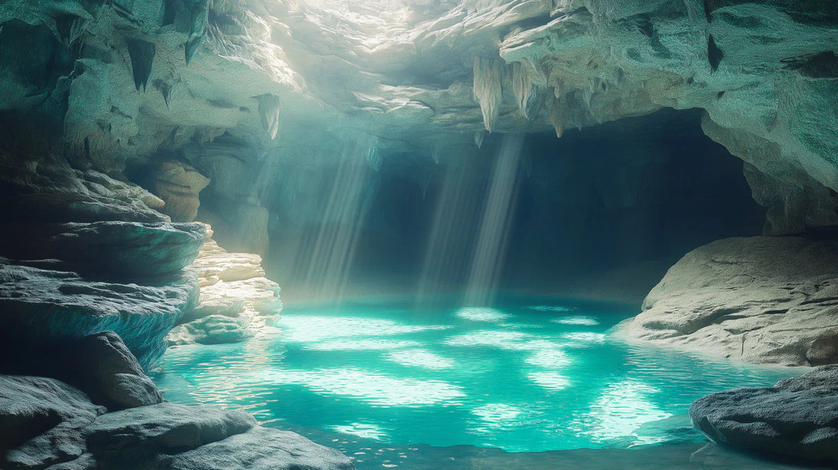 Glacial Cavern Mural Wallpaper —Cool Blue Ice and Light Beams Mural Wallpaper - room preview 02