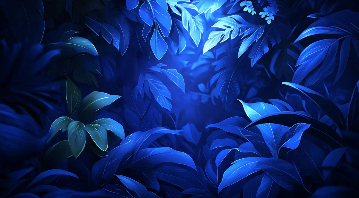 Midnight Botanical Leaf Mural Wallpaper — Moody Blue Foliage Mural Wallpaper - room preview 02