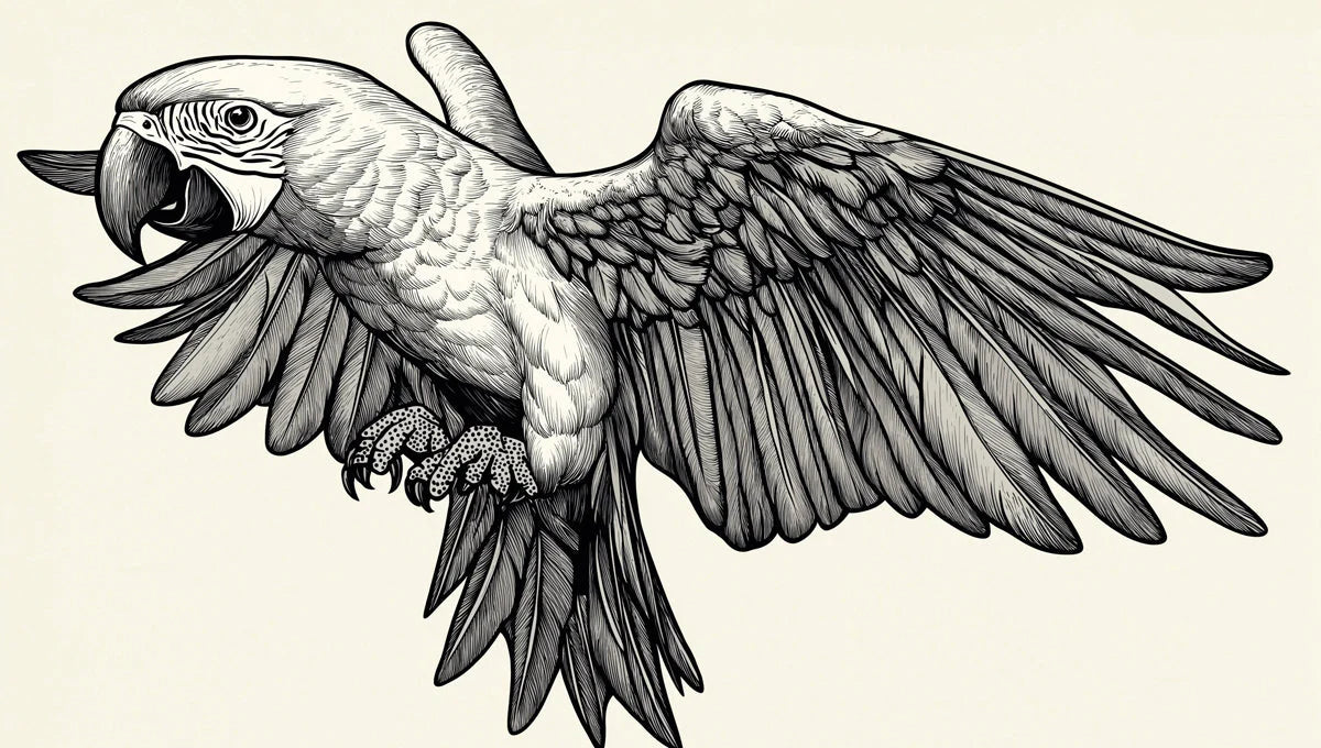 In-Flight Macaw Mural Wallpaper — Monochromatic Sketch Design Mural Wallpaper - room preview 02