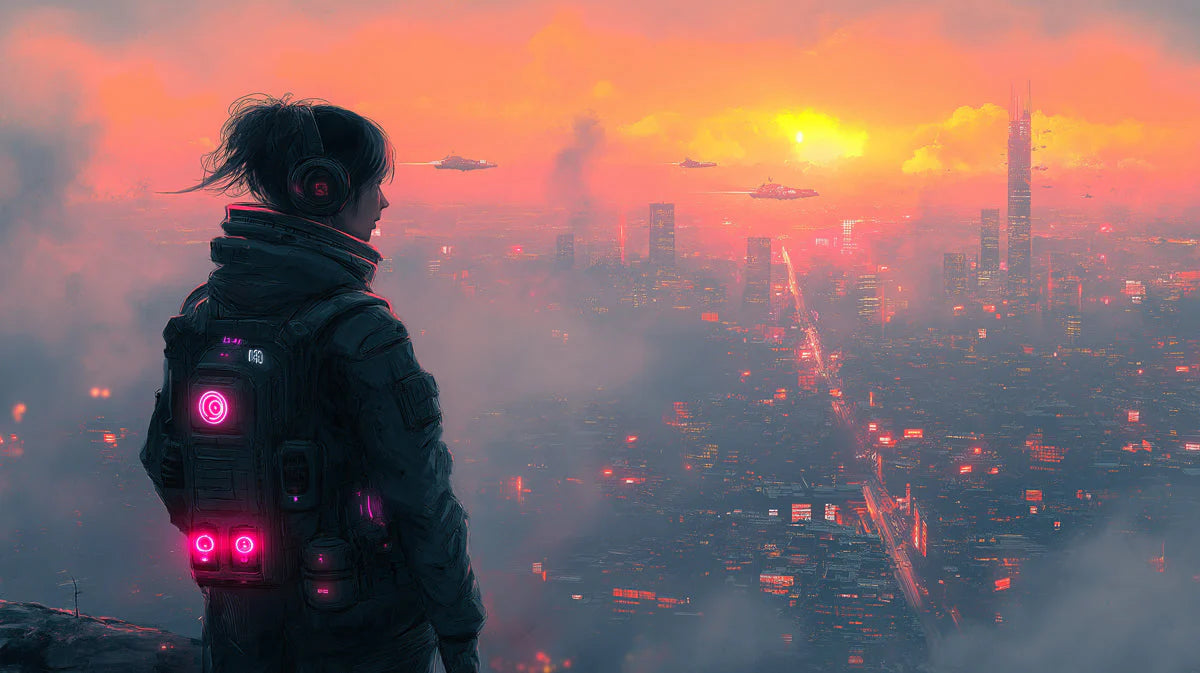 Cyberpunk Sunset Cityscape Mural Wallpaper — Futuristic Horizon Mural Wallpaper - room preview 02