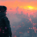 Cyberpunk Sunset Cityscape Mural Wallpaper — Futuristic Horizon Mural Wallpaper - room preview 02