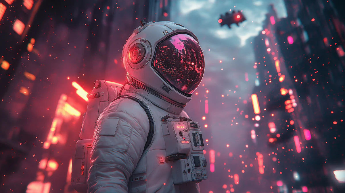 Astronaut Cityscape Mural Wallpaper — Neon Cyberpunk Style Mural Wallpaper - room preview 02