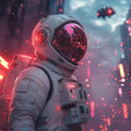 Astronaut Cityscape Mural Wallpaper — Neon Cyberpunk Style Mural Wallpaper - room preview 02