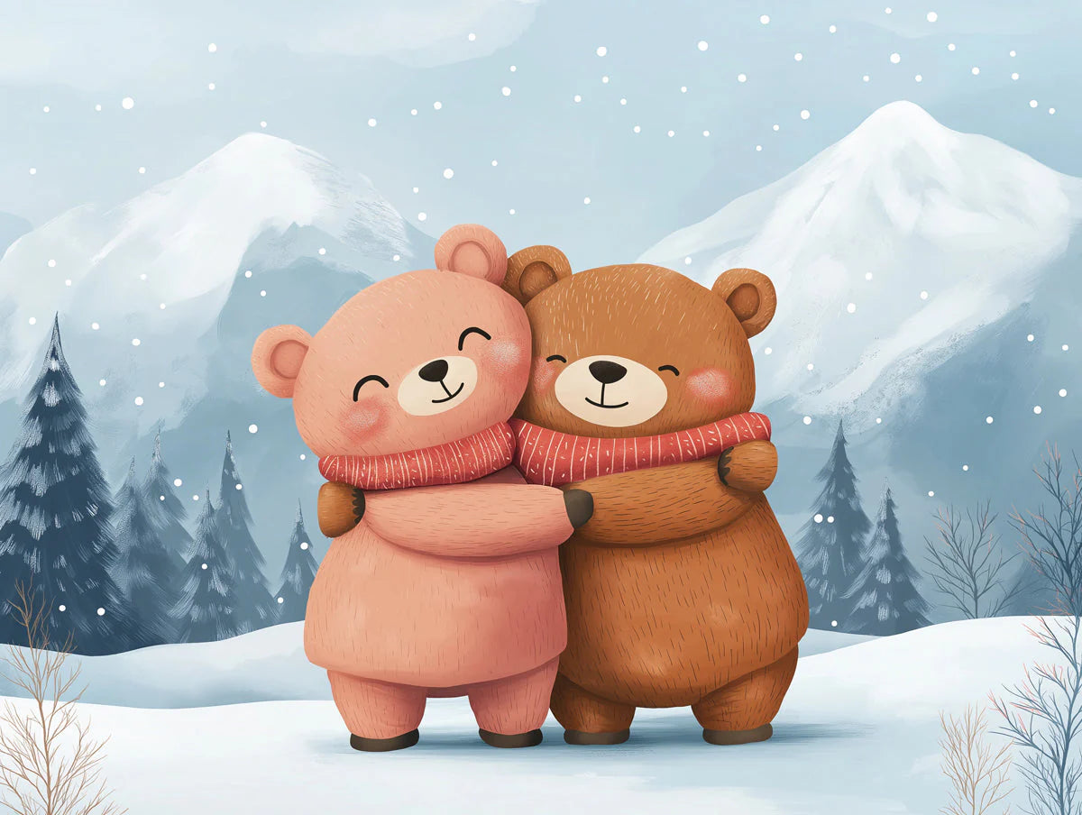 Winter Hug Bear Mural Wallpaper — Whimsical Snowy Landscape Mural Wallpaper - room preview 02