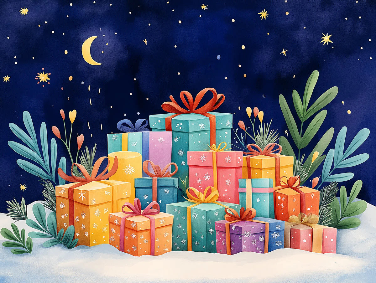 Starry Giftland Mural Wallpaper — Whimsical Holiday Illustration Mural Wallpaper - room preview 02