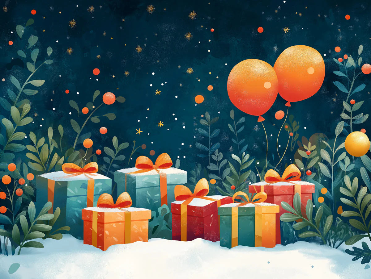 Midnight Giftland Mural Wallpaper — Festive Night Sky Illustration Mural Wallpaper - room preview 02