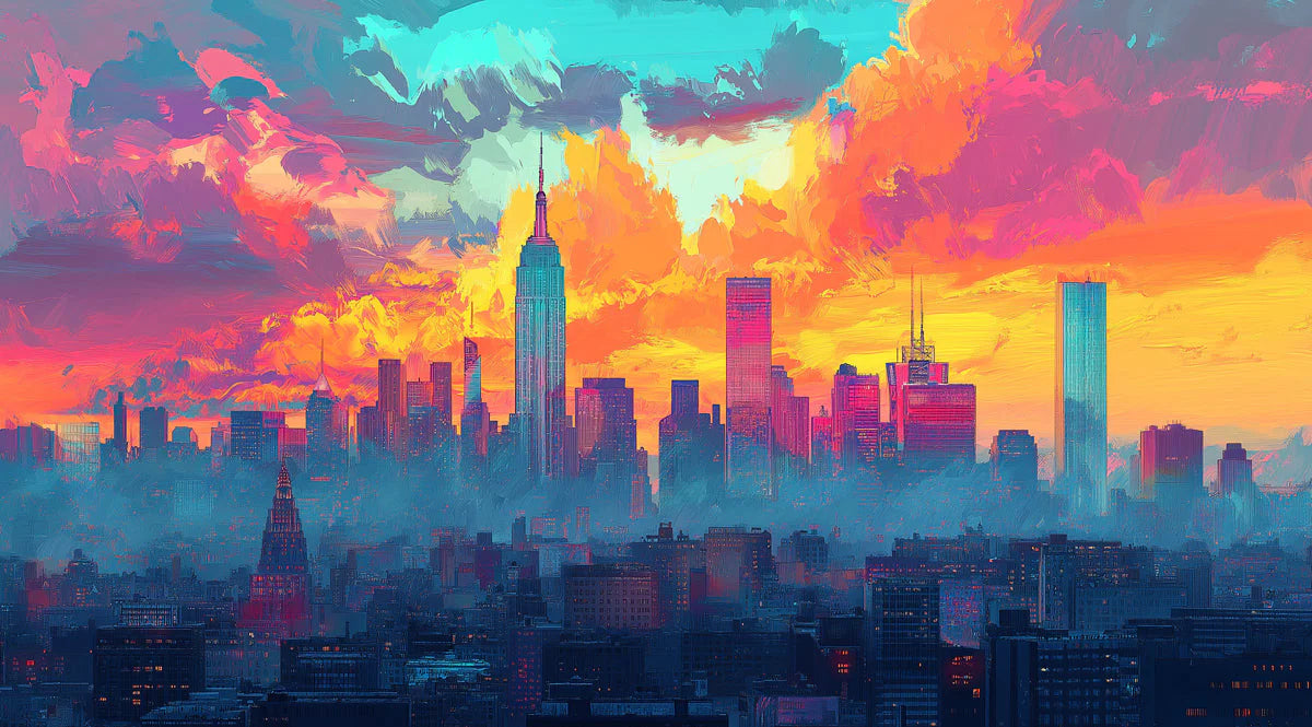 NYC Skyline Sunset Mural Wallpaper — Impressionist Urban Art Mural Wallpaper - room preview 02