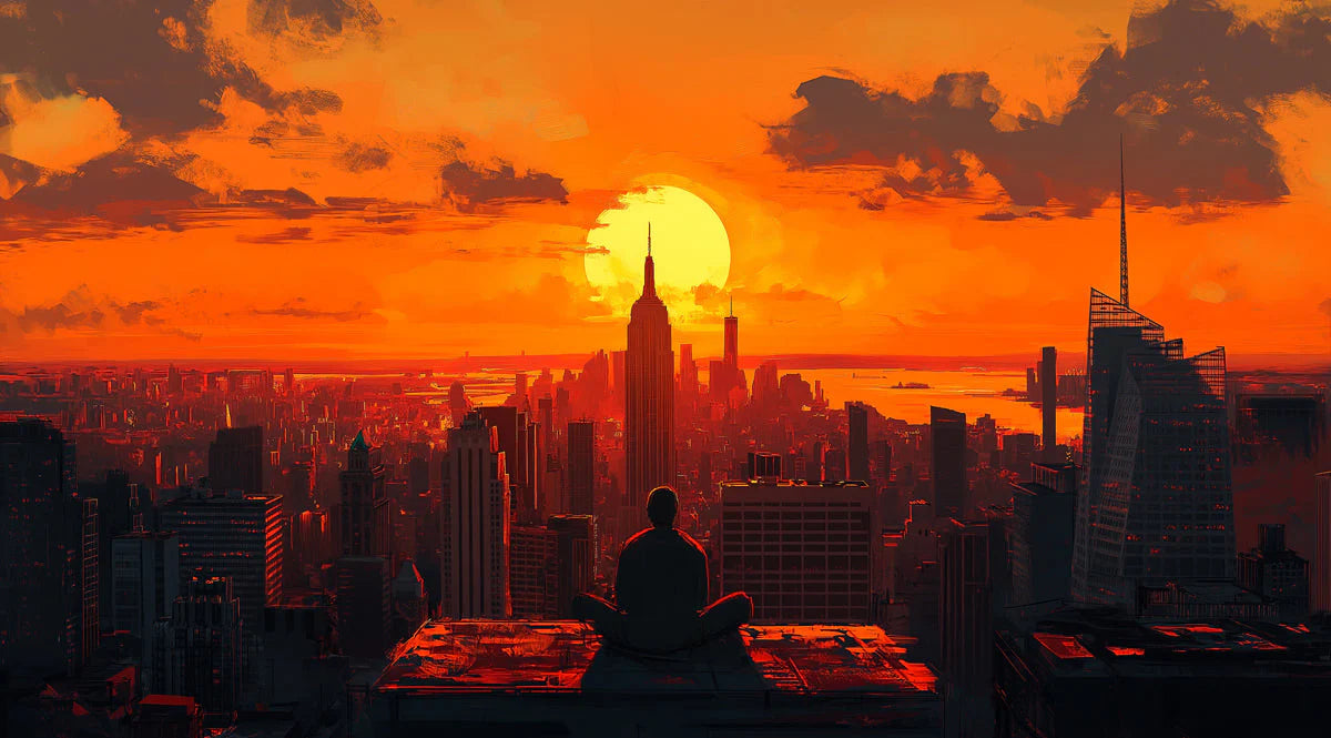 Urban Sunset Skyline Mural Wallpaper — Painterly City View Mural Wallpaper - room preview 02
