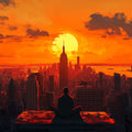 Urban Sunset Skyline Mural Wallpaper — Painterly City View Mural Wallpaper - room preview 02