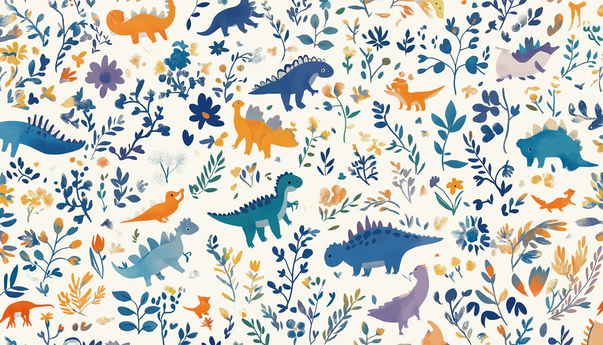Dinosaur Meadow Mural Wallpaper — Whimsical Kids Illustration Mural Wallpaper - room preview 02