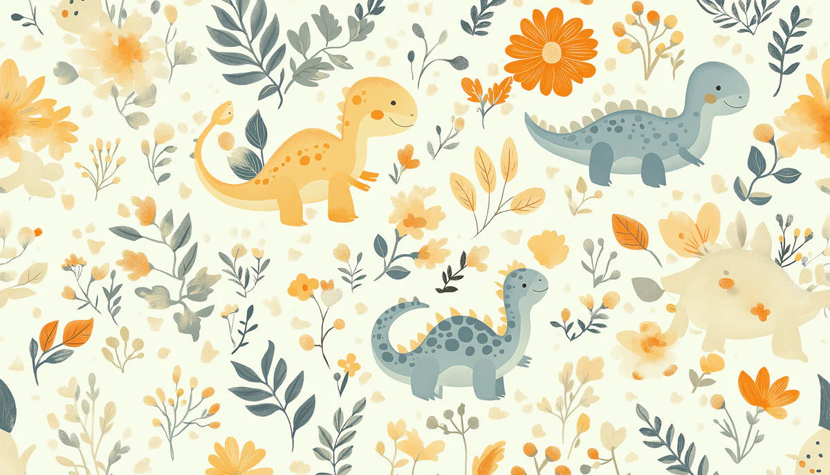 Dino Garden Mural Wallpaper in Soft Ochre and Dusty Blue Mural Wallpaper - room preview 02