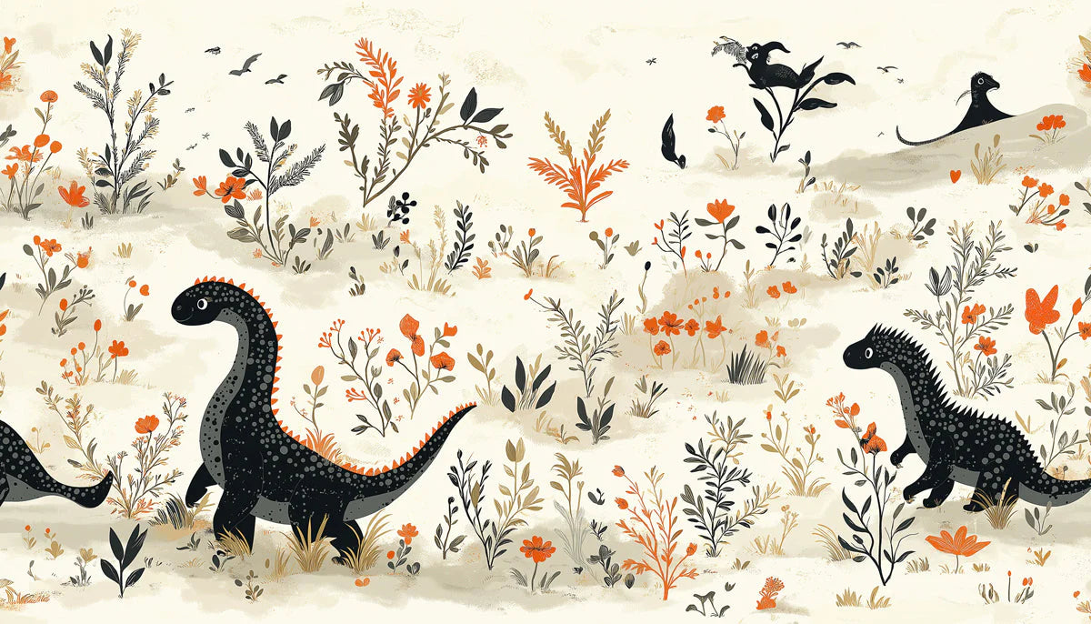 Dino Meadow Mural Wallpaper — Whimsical Prehistoric Botanical Mural Wallpaper - room preview 02