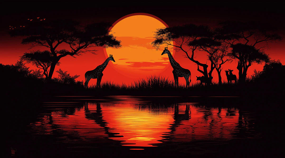 African Sunset Giraffe Silhouette Mural Wallpaper - room preview 02