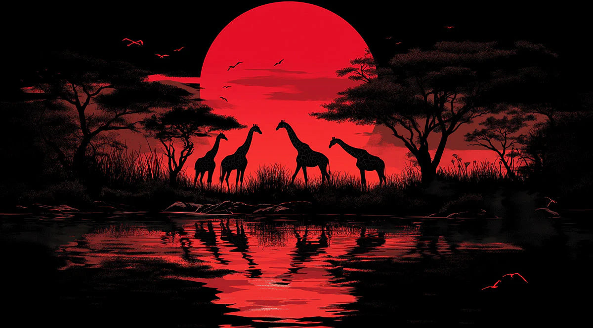 African Giraffe Sunset Mural Wallpaper — Bold Silhouette Graphic Mural Wallpaper - room preview 02