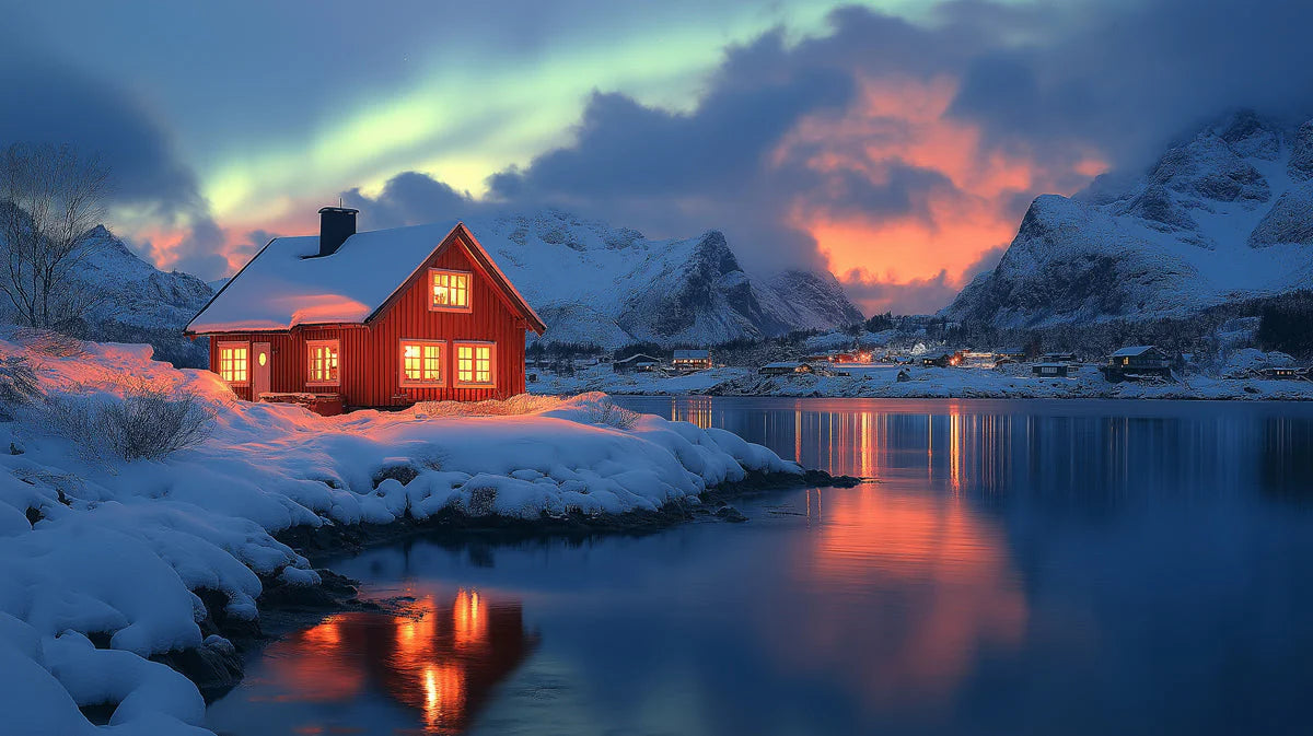 Northern Lights Cabin Mural Wallpaper — Winter Mountain Scenery Mural Wallpaper - room preview 02