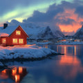 Northern Lights Cabin Mural Wallpaper — Winter Mountain Scenery Mural Wallpaper - room preview 02
