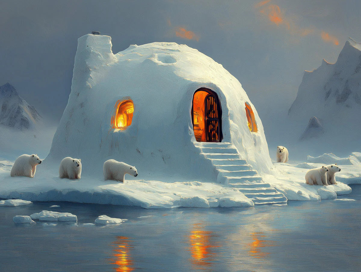 Arctic Igloo and Polar Bear Scene Mural Wallpaper —Whimsical Mural Wallpaper - room preview 02