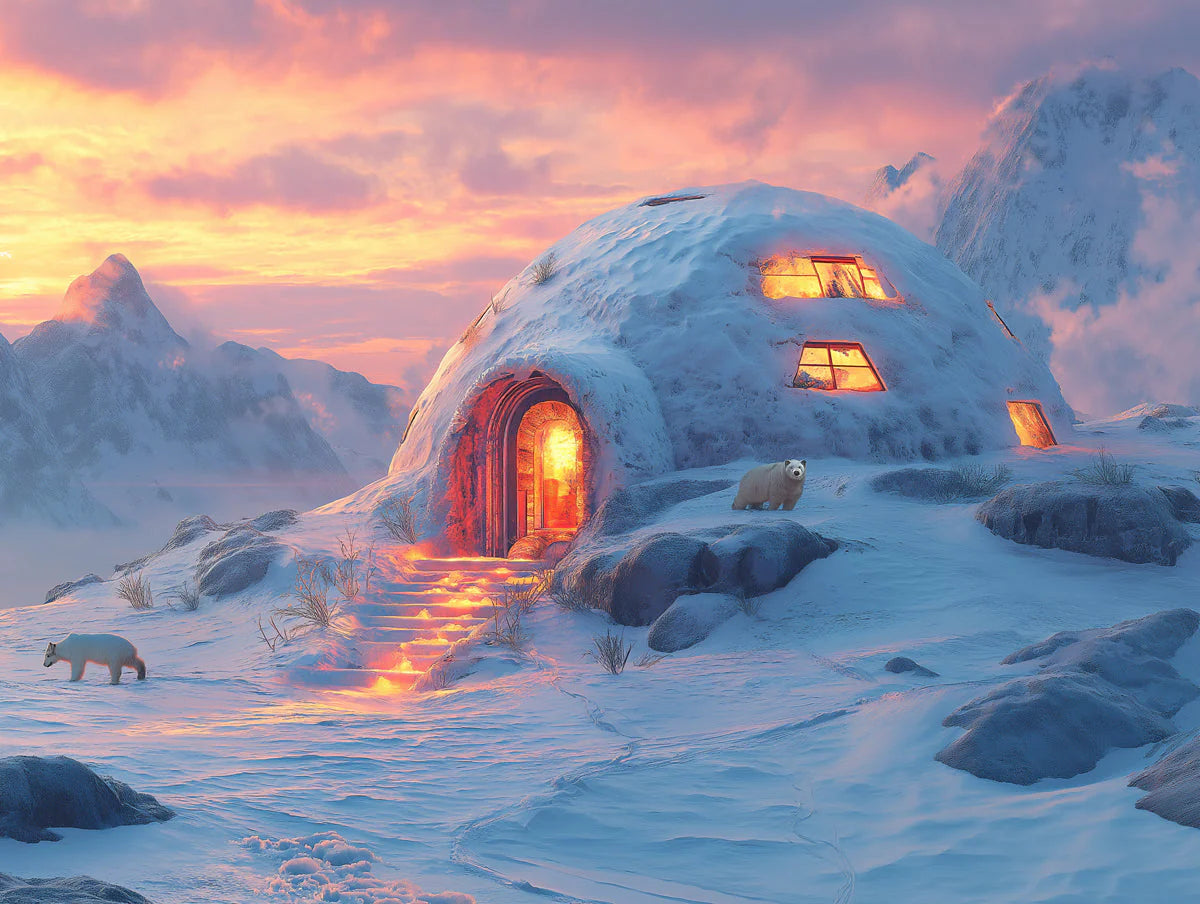Arctic Igloo Sunset Mural Wallpaper — Dreamy Polar Landscape Mural Wallpaper - room preview 02