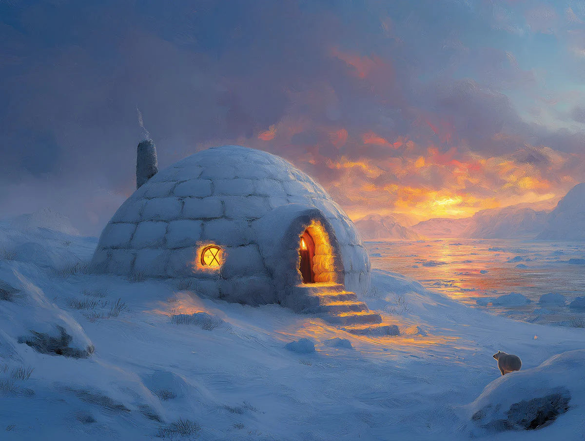 Arctic Igloo Twilight Mural Wallpaper —Painterly Winter Landscape Mural Wallpaper - room preview 02
