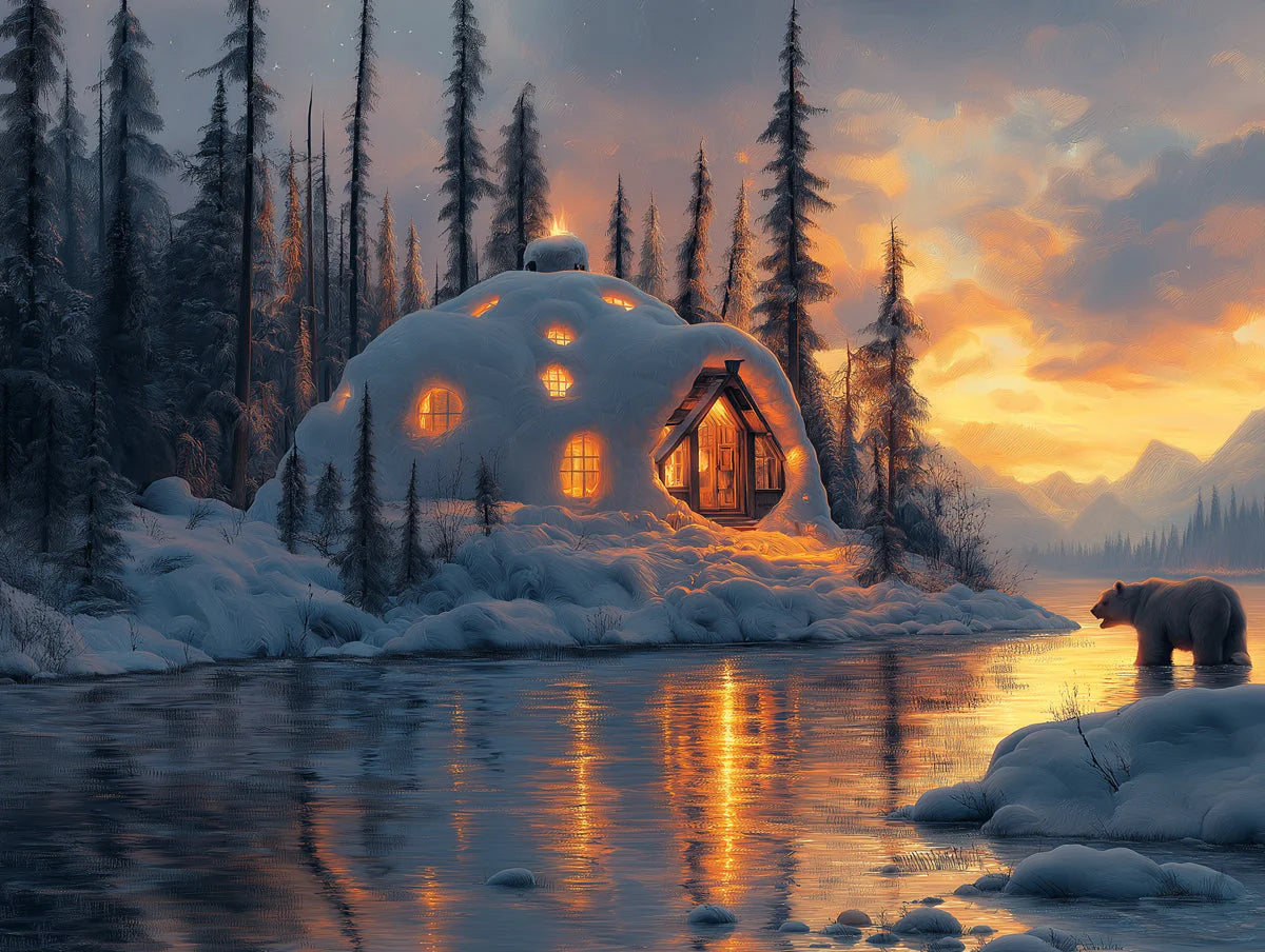 Snowy Cabin Twilight Mural Wallpaper —Painterly Winter Landscape Mural Wallpaper - room preview 02