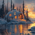 Snowy Cabin Twilight Mural Wallpaper —Painterly Winter Landscape Mural Wallpaper - room preview 02