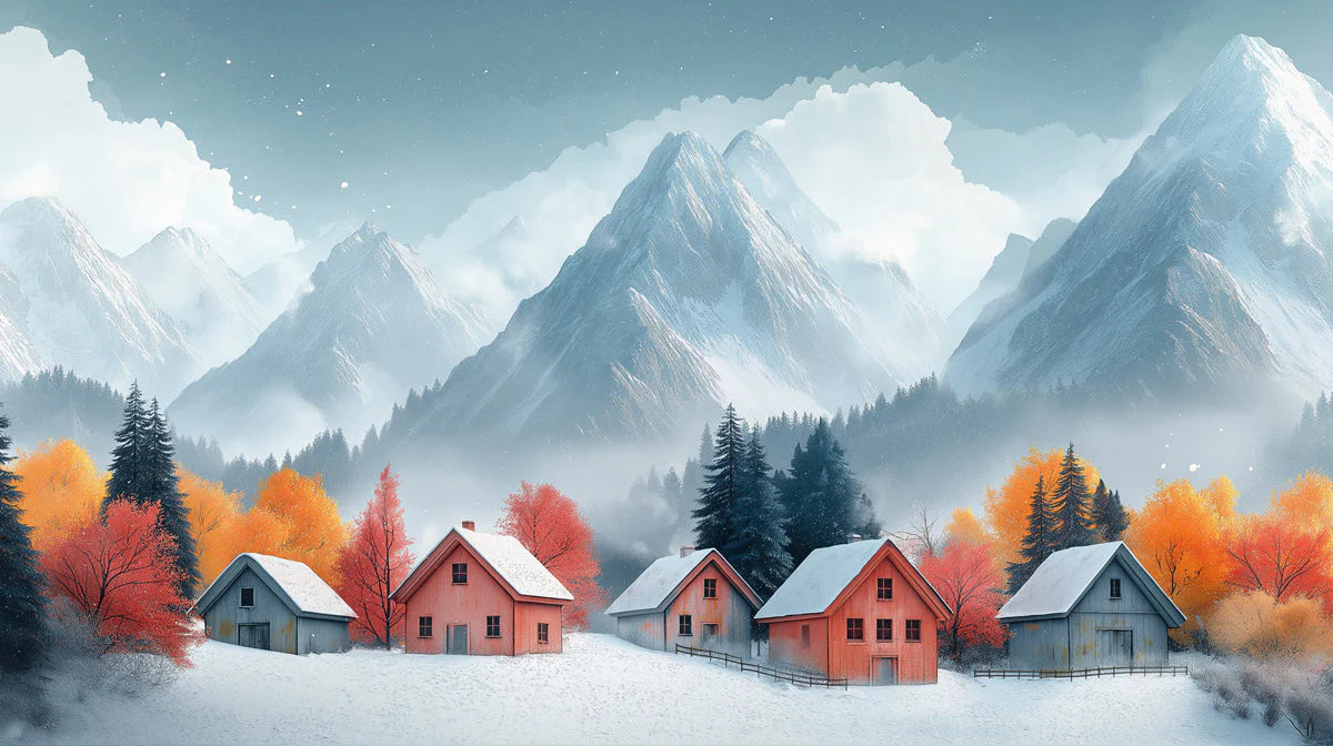 Alpine Village Mountain Mural Wallpaper —Snowy Winter Landscape Mural Wallpaper - room preview 02
