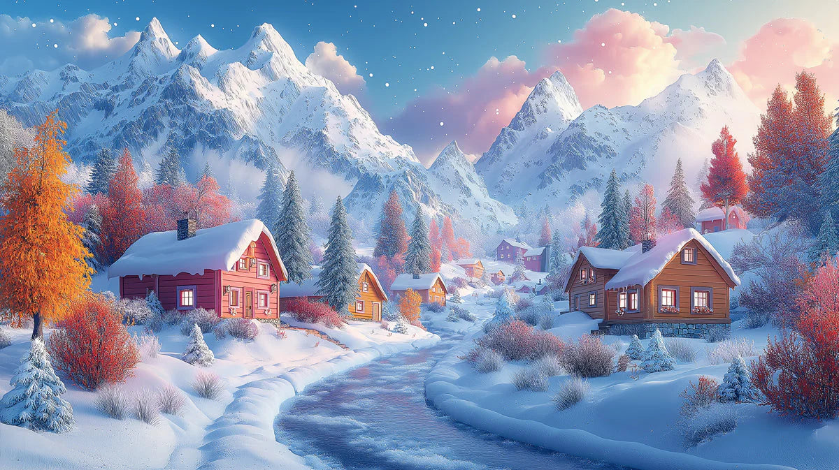 Winter Mountain Village Mural Wallpaper — Alpine Scenic Decor Mural Wallpaper - room preview 02