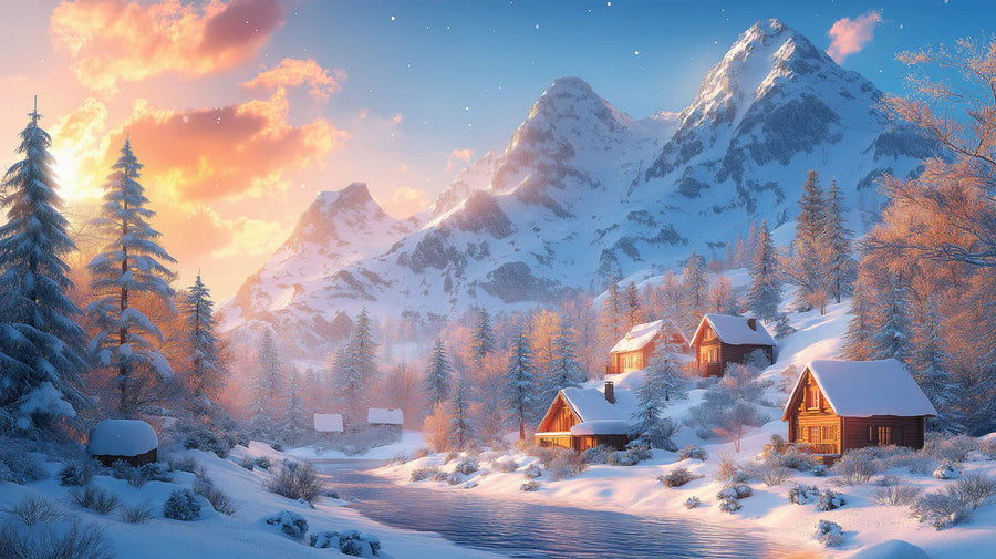 Papier peint mural Village alpin enneigé — Papier peint mural Coucher de soleil d'hiver chaleureux printable artwork