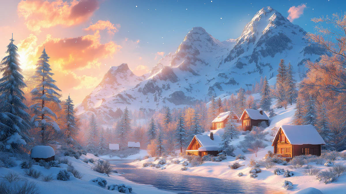 Snowy Alpine Village Mural Wallpaper — Warm Winter Sunset Mural Wallpaper - room preview 02
