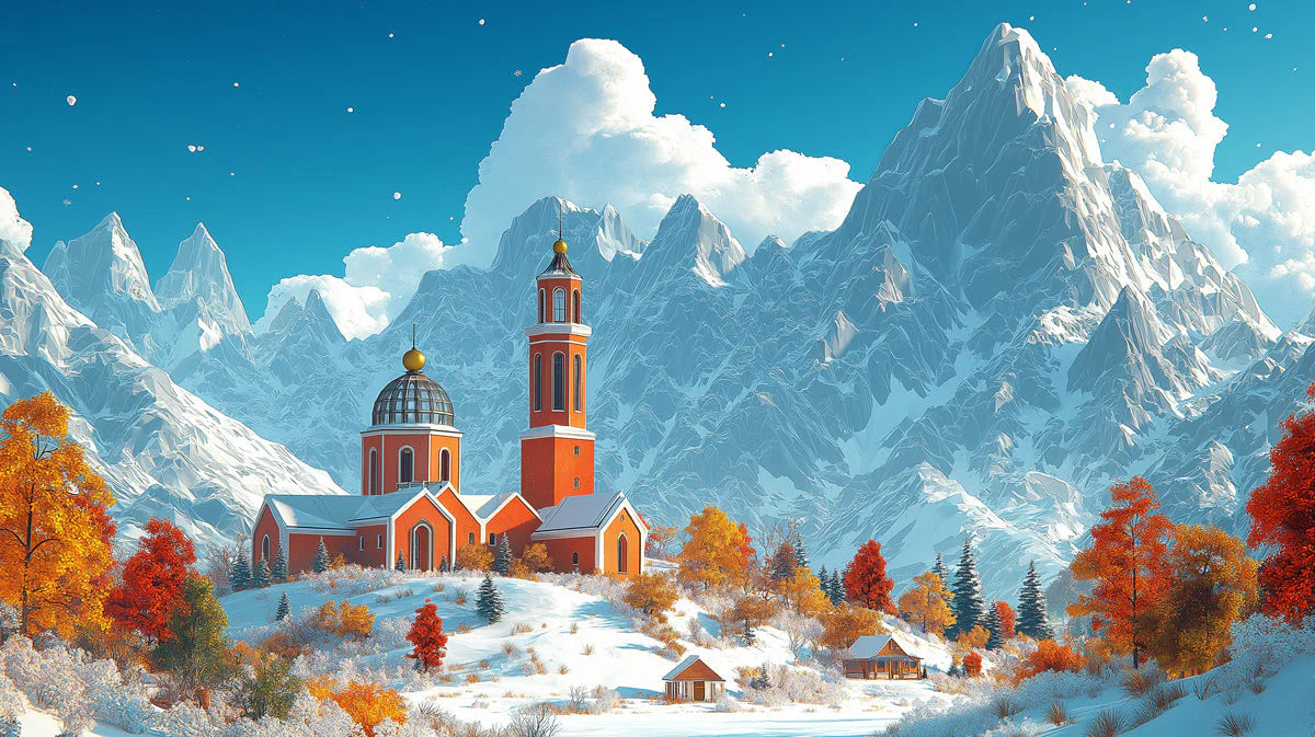 Snowy Mountain Monastery Mural Wallpaper — Whimsical Winter Scene Mural Wallpaper - room preview 02