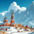 Snowy Mountain Monastery Mural Wallpaper — Whimsical Winter Scene Mural Wallpaper - room preview 02