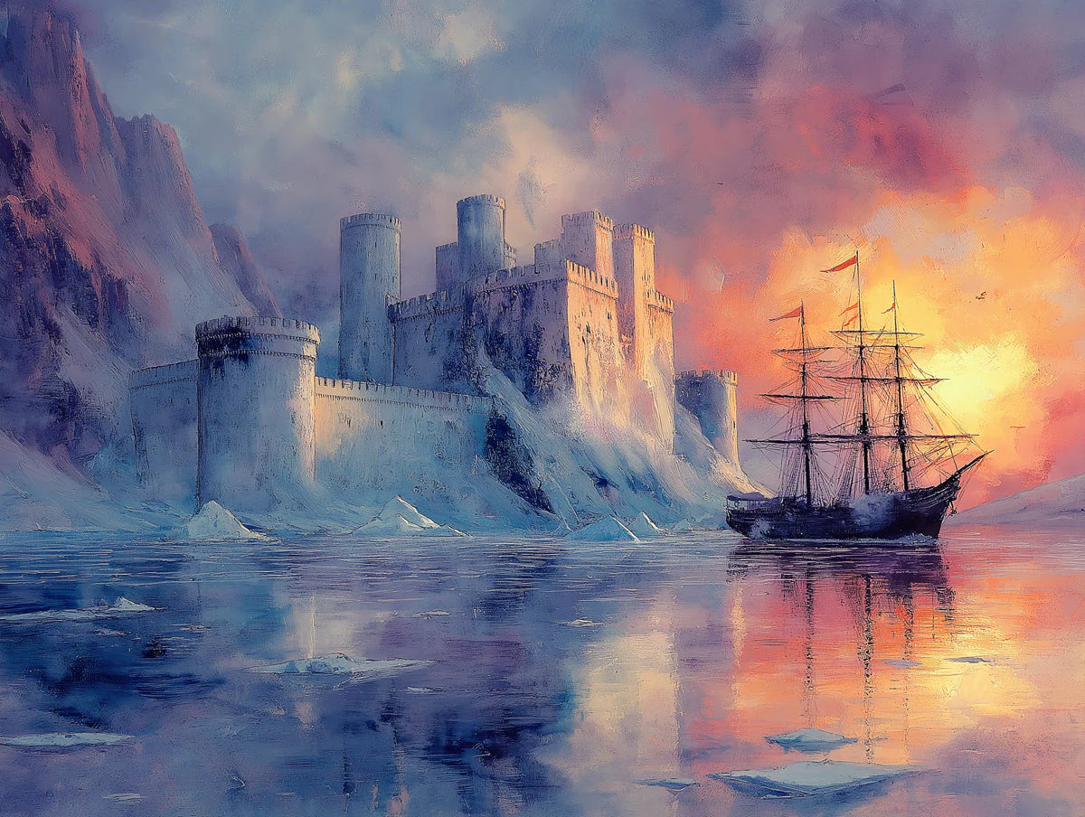 Coastal Castle Sunset Mural Wallpaper — Dreamy Nautical Art Mural Wallpaper - room preview 02