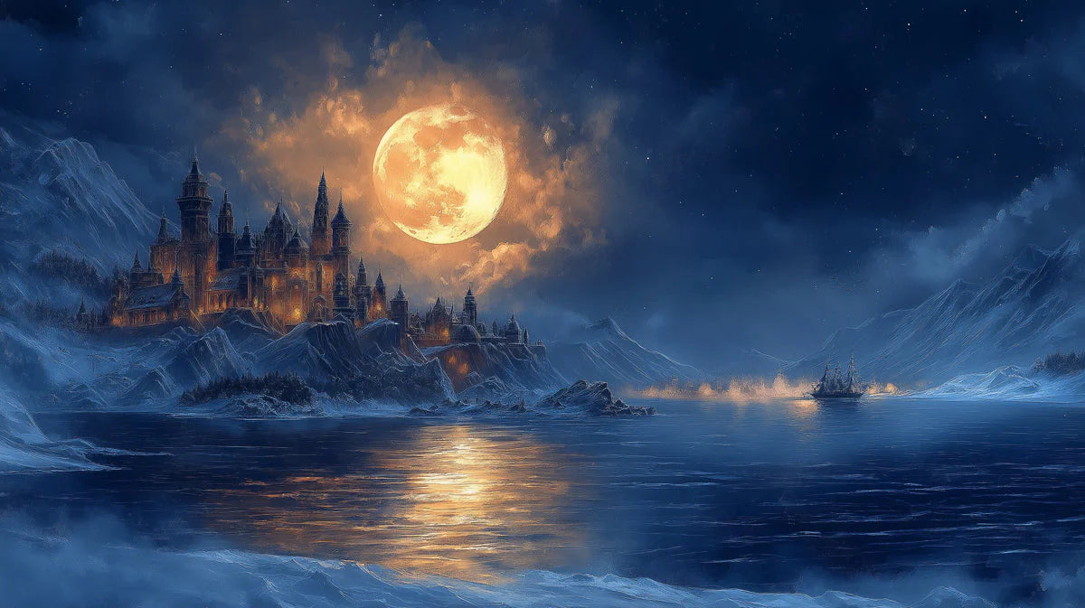 Moonlit Castle and Winter Landscape Mural Wallpaper — Night Scenery Mural Wallpaper - room preview 02
