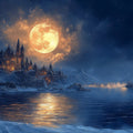 Moonlit Castle and Winter Landscape Mural Wallpaper — Night Scenery Mural Wallpaper - room preview 02