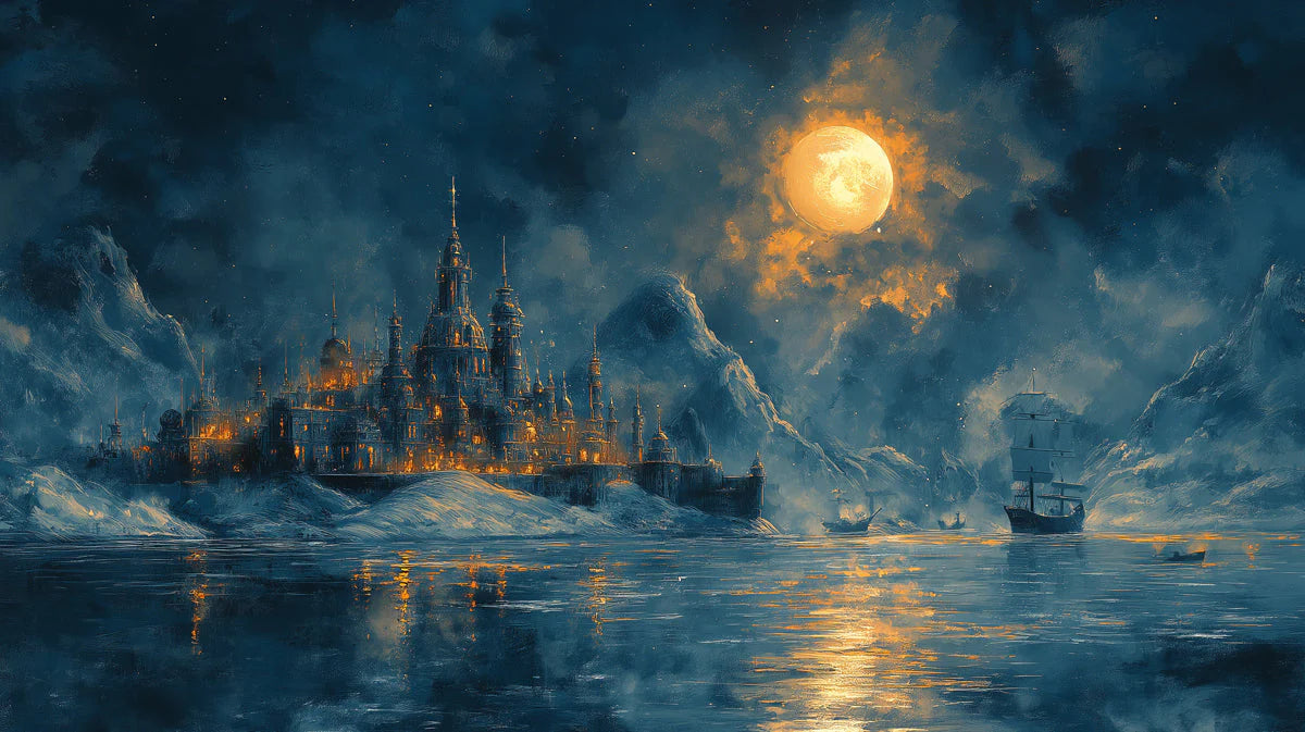 Moonlit Castle and Seascape Mural Wallpaper —Midnight Oil Painting Mural Wallpaper - room preview 02