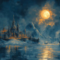 Moonlit Castle and Seascape Mural Wallpaper —Midnight Oil Painting Mural Wallpaper - room preview 02